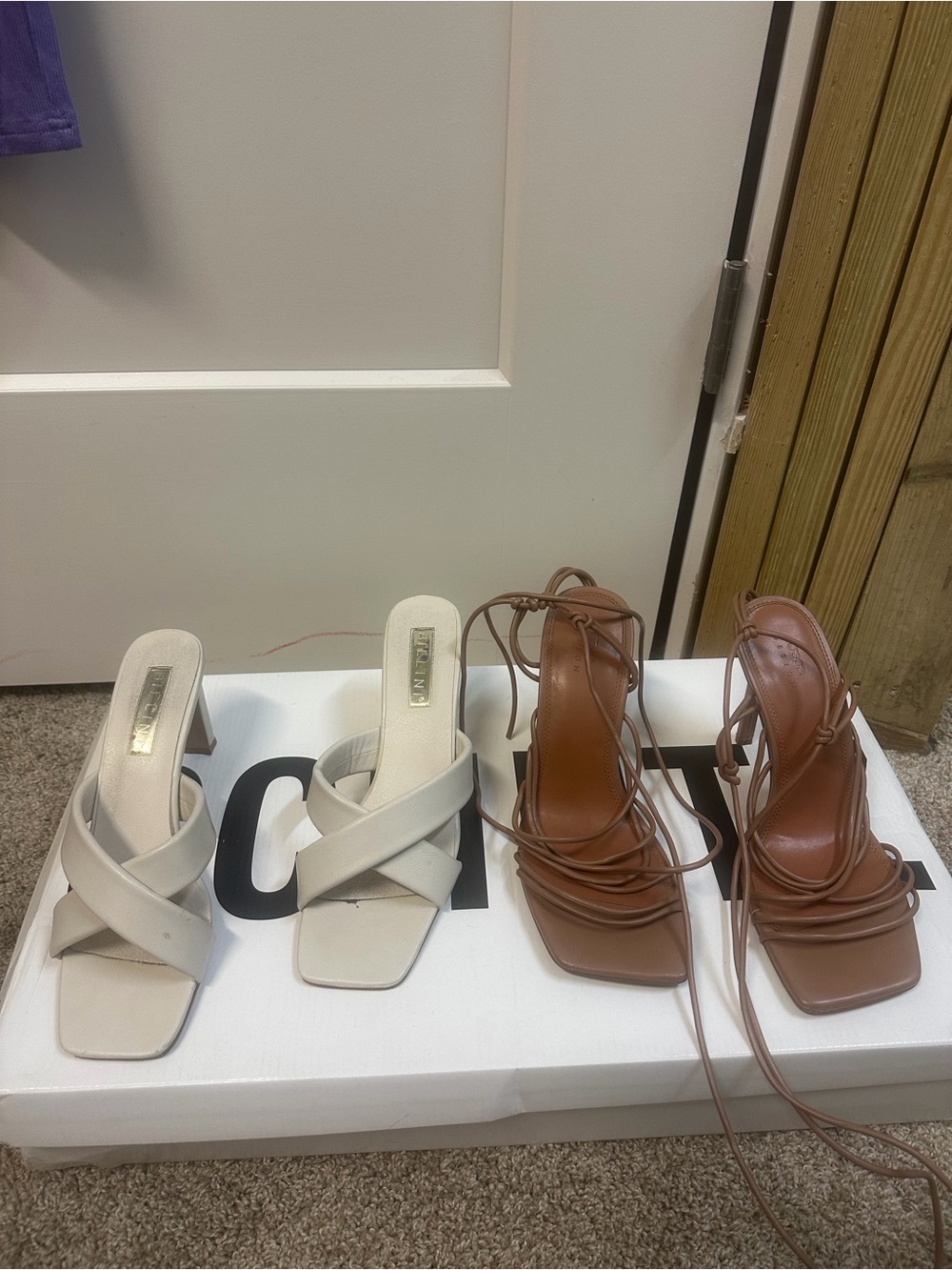 Billini Neutral Strappy Heels in Brown and Cream